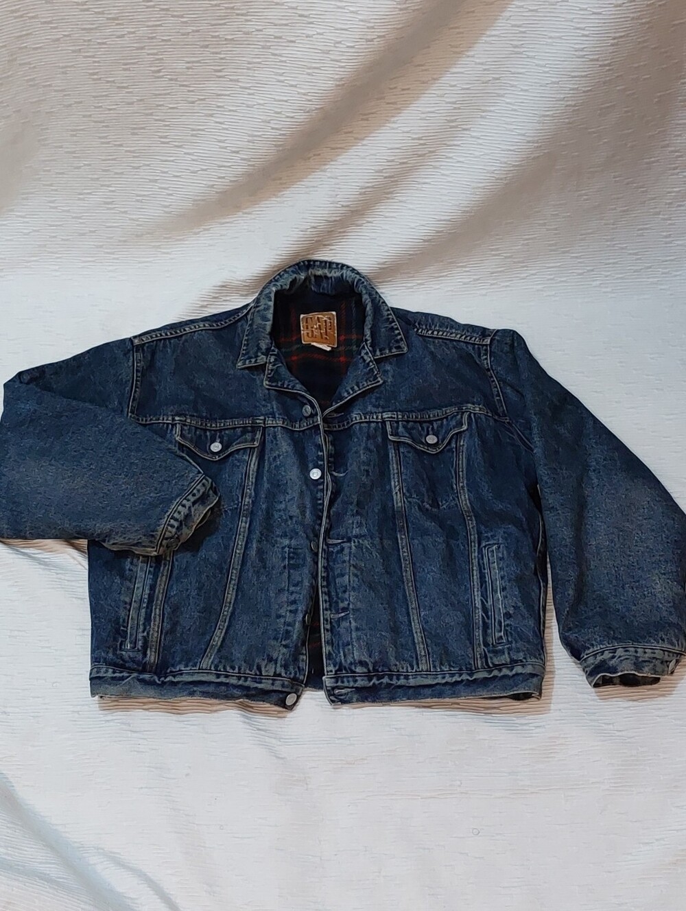Vintage GAP Disressed Dark Blue Denim Bomber Jacket With Plaid Lining Size L